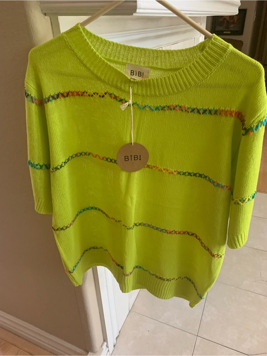 BiBi Sweaters - Lime Green Lover’s BiBi Knit Top with Multi-Color Cross Stitch Lines Sz XL